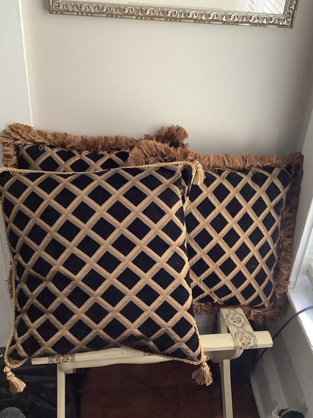 Embroidered Brown & Gold Chenille Fringe Throw Living Room Sofa Accent Pillows